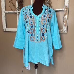 Fresh Produce womens tunic embroidered shirt cover up aqua blue xs/s fiesta vaca